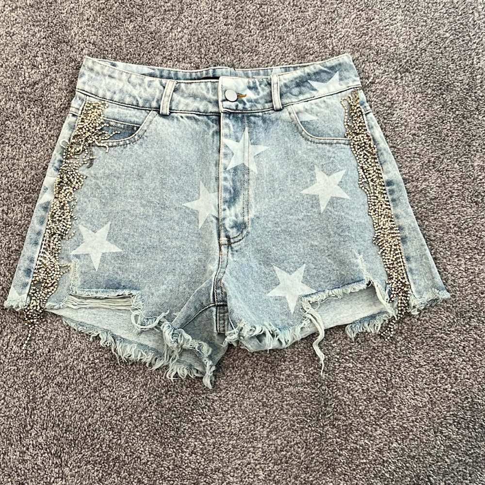 Blue B Collection Jean Bedazzled Fringe Shorts Size S